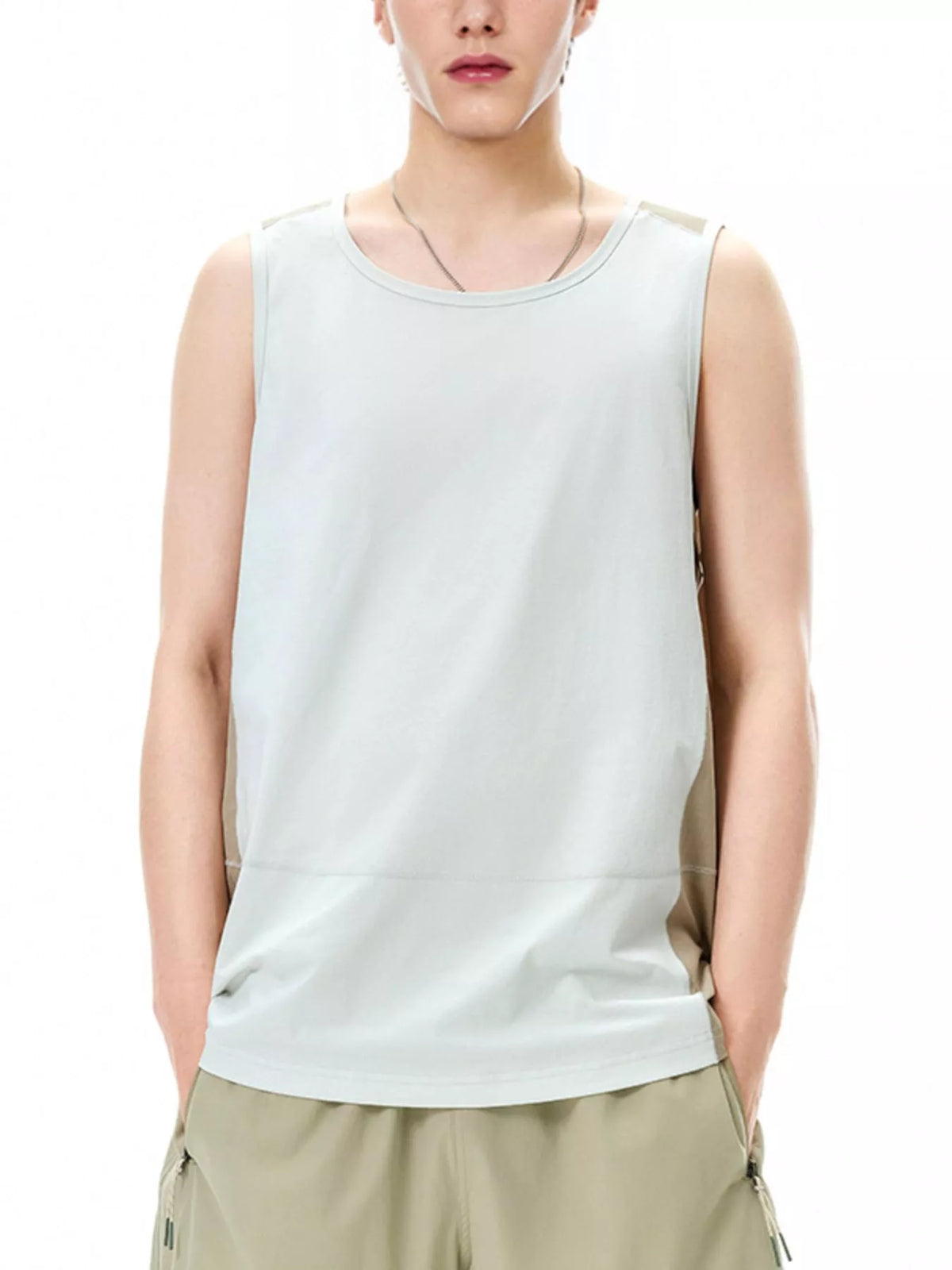 Men's light blue and tan color block tank top with a crew neck.