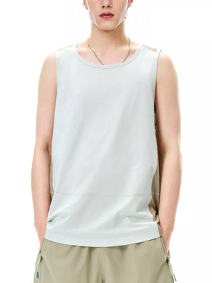 Men's light blue and tan color block tank top with a crew neck.