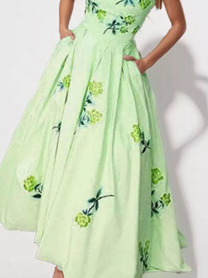 Light green floral print tube maxi dress with pockets