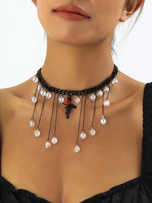 Black with Gothic Rose Cross Dangle Necklace Alloy Resin in Black