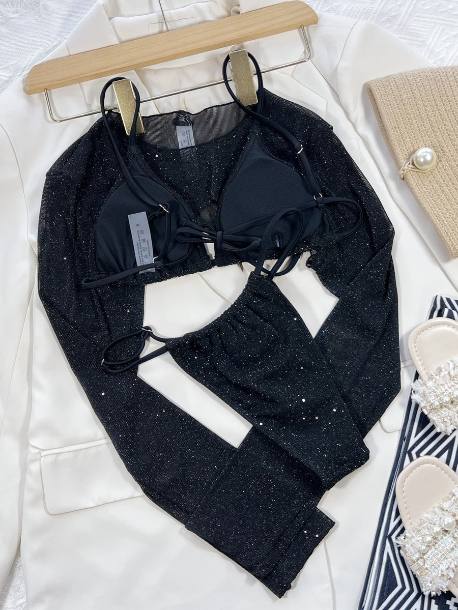 Black glitter mesh bikini set with long sleeve bolero.