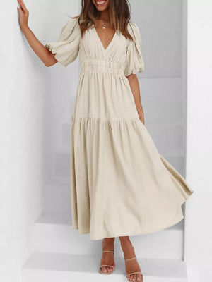 Elegant Puff Sleeve V-neck Midi Dress in Tan