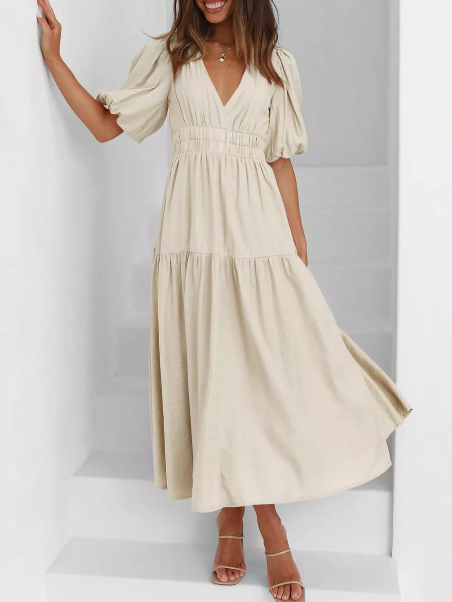 Elegant Puff Sleeve V-neck Midi Dress in Tan