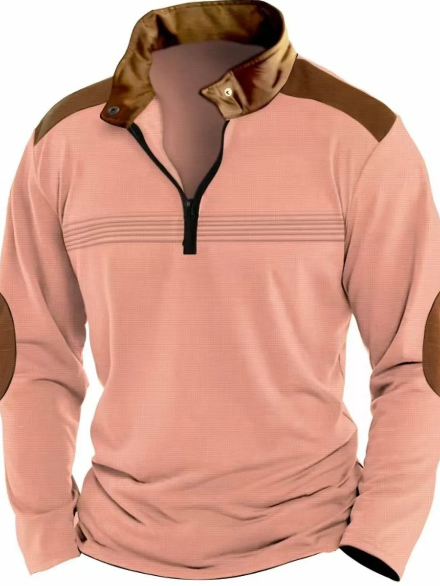 Pale Blush quarter-zip pullover with contrast collar, shoulder panels, and elbow patches.