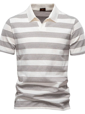 Textured stripe polo shirt in ivory with a spread collar and short sleeves.