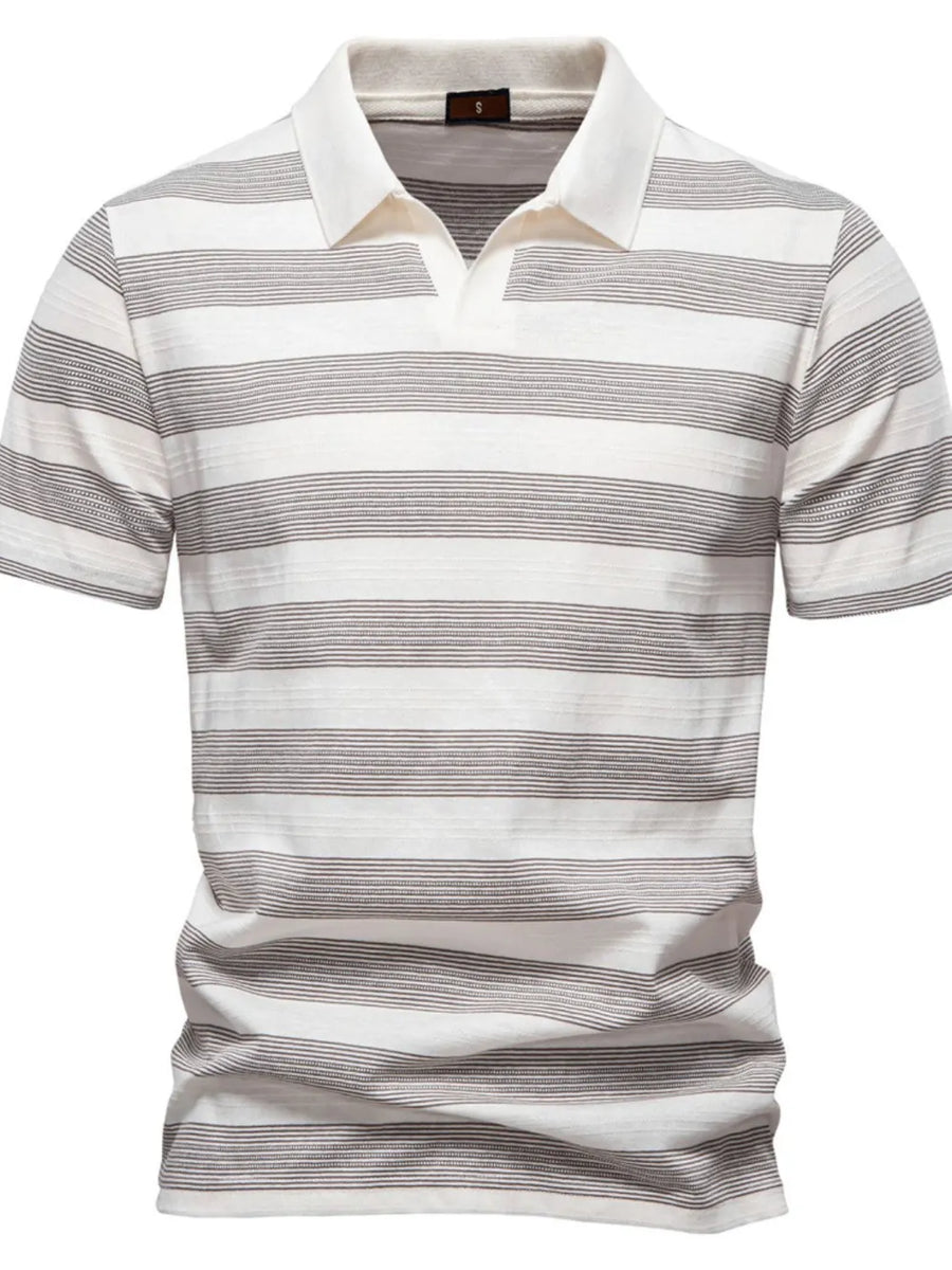Textured stripe polo shirt in ivory with a spread collar and short sleeves.