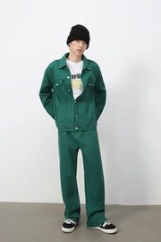 Dark green rigid denim wide-leg trousers with a casual fit.