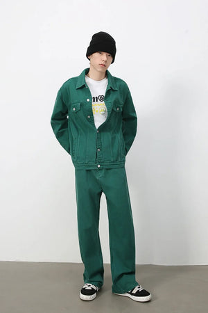 Dark green rigid denim wide-leg trousers with a casual fit.