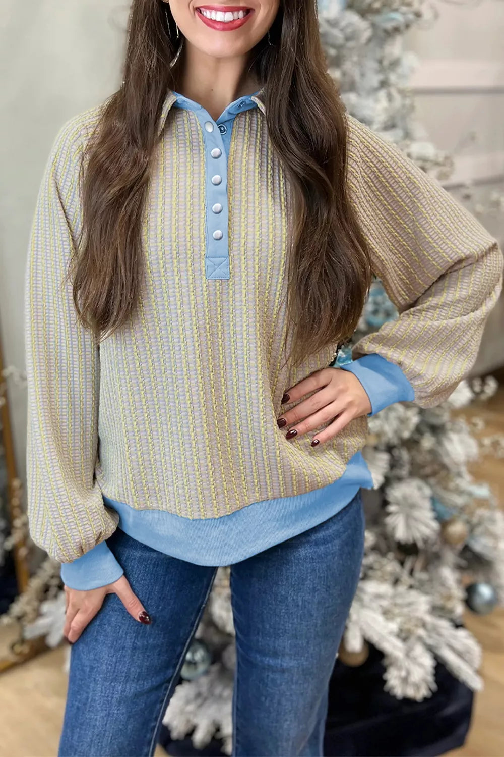 Beige Button Front Jacquard Henley Sweatshirt