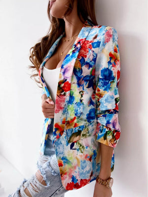 Blue Vibrant Floral Print Open Front Blazer