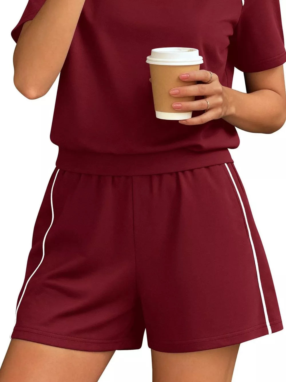 Contrast Trim Short Sleeve T-shirt And Shorts Set in Pale Blush with contrast stitching
