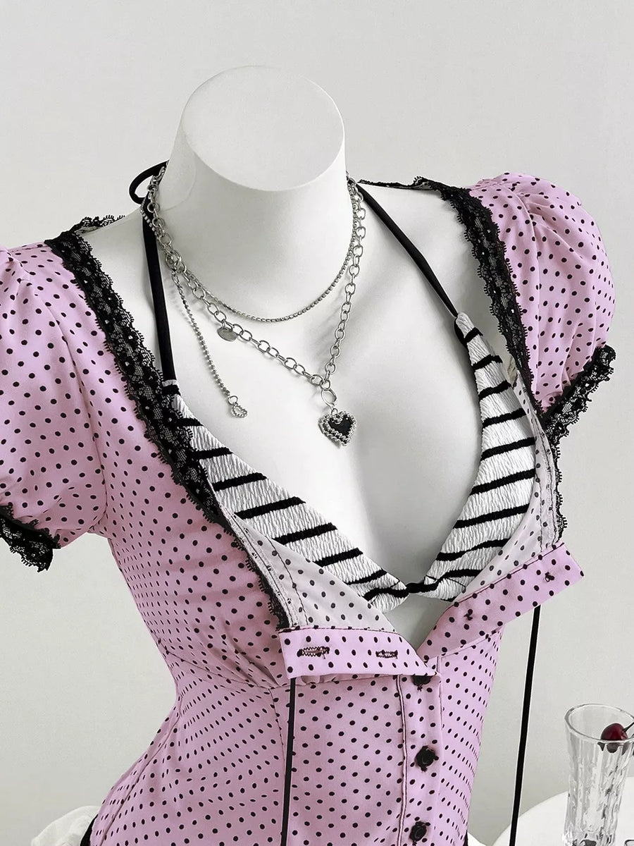 Polka Dot Lace Trim Puff Sleeve Top, view 15