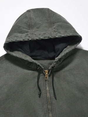 Washed canvas workwear hoodie jacket in Army Green with a zip front and drawstring hood.