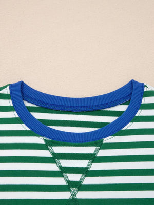 Striped boxy tee with blue crew neck and contrast stitching detail.