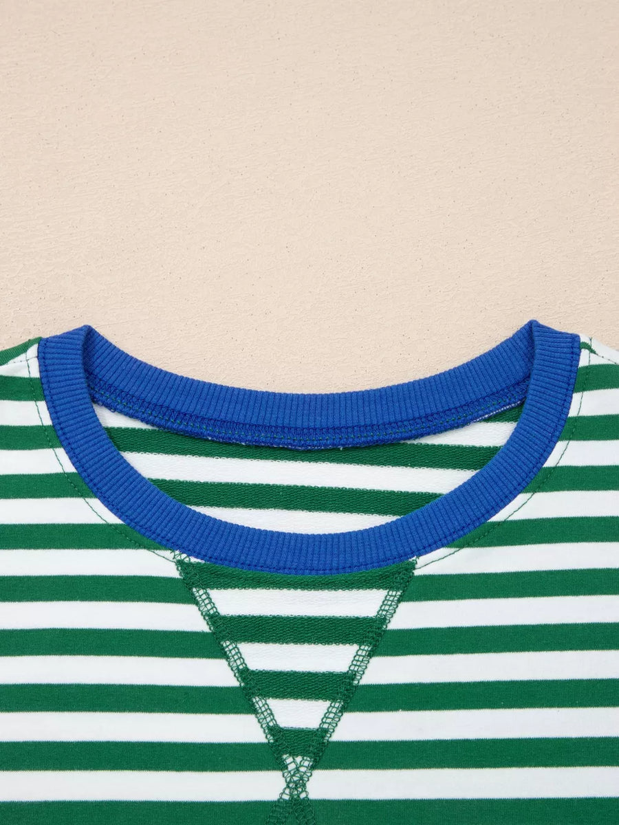 Striped boxy tee with blue crew neck and contrast stitching detail.