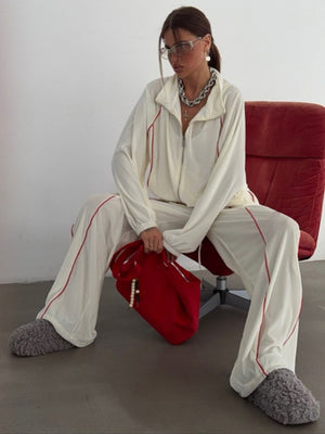 Zip Up Long Sleeve Top And Pants Set in Red with contrast stitching