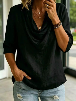 Khaki Full Size Cowl Neck 3/4 Sleeve Top Plus Size