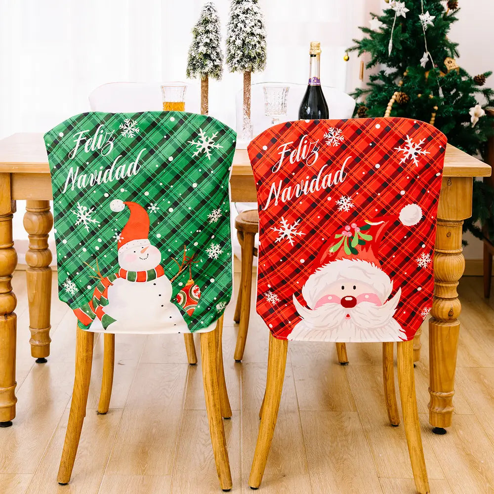 Christmas chair covers in red and green plaid with Santa and snowman designs.
