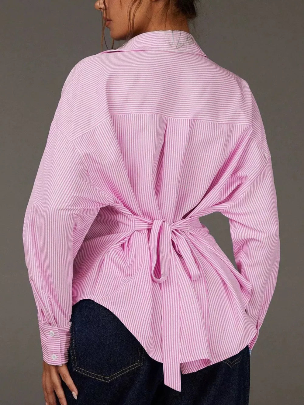 button-down shirt in Pink with collared and hip-length