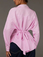 button-down shirt in Pink with collared and hip-length