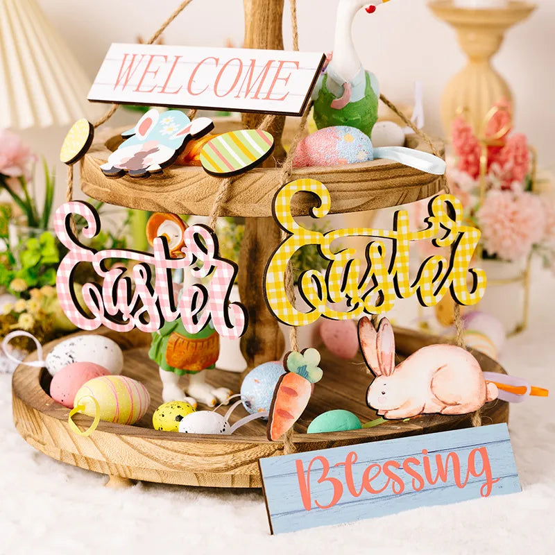Easter charm trio wooden hanging decor with bunnies, carrots, and eggs. Style A pink gingham Easter sign.