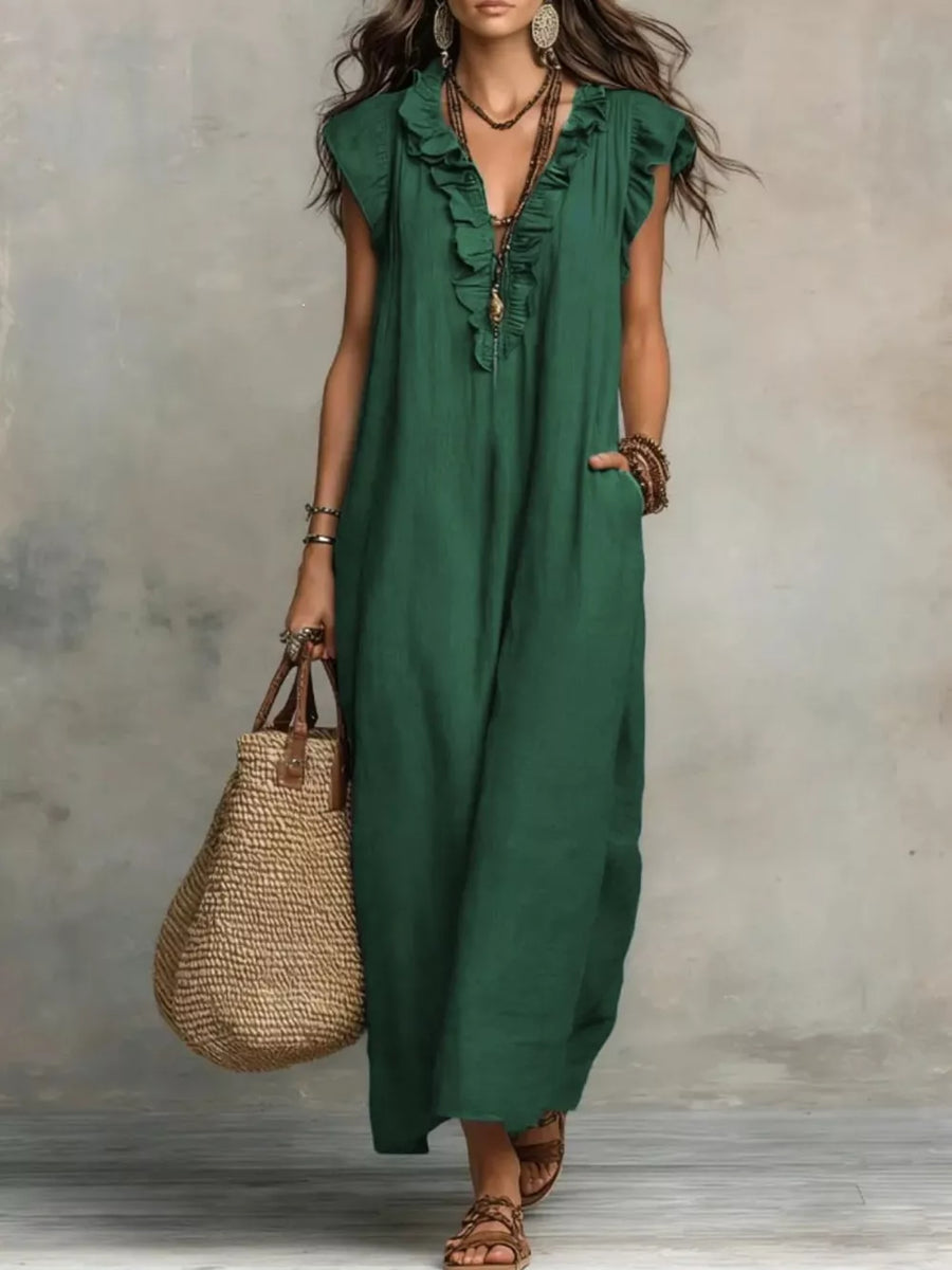 Ruffled V-neck Maxi Dress in Black