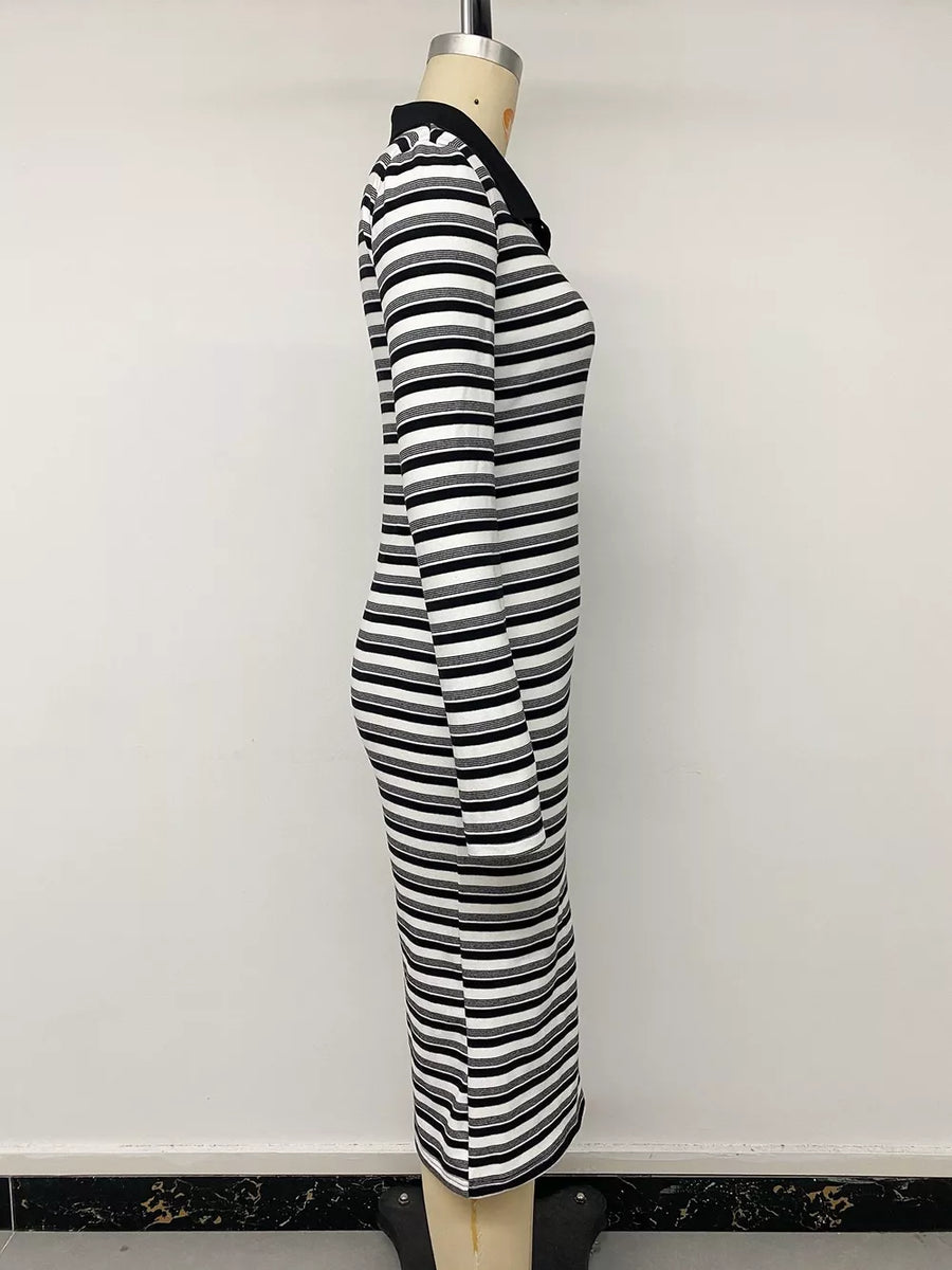Striped Polo Collar Midi Dress option 7