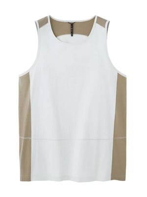Men's white and grey color block tank top with a crew neck.