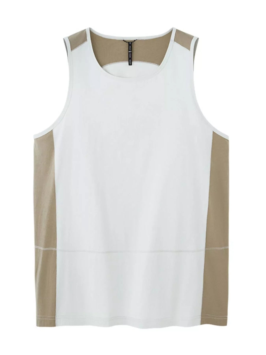Men's white and grey color block tank top with a crew neck.
