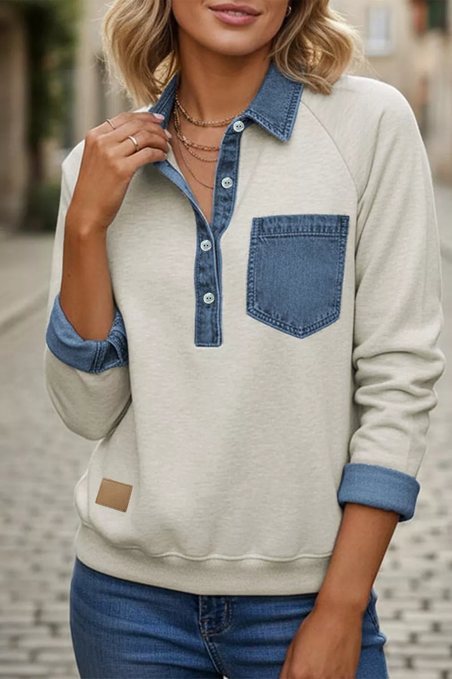Light Gray with Denim Collar Patchwork Long Sleeve Shirt in Light Gray