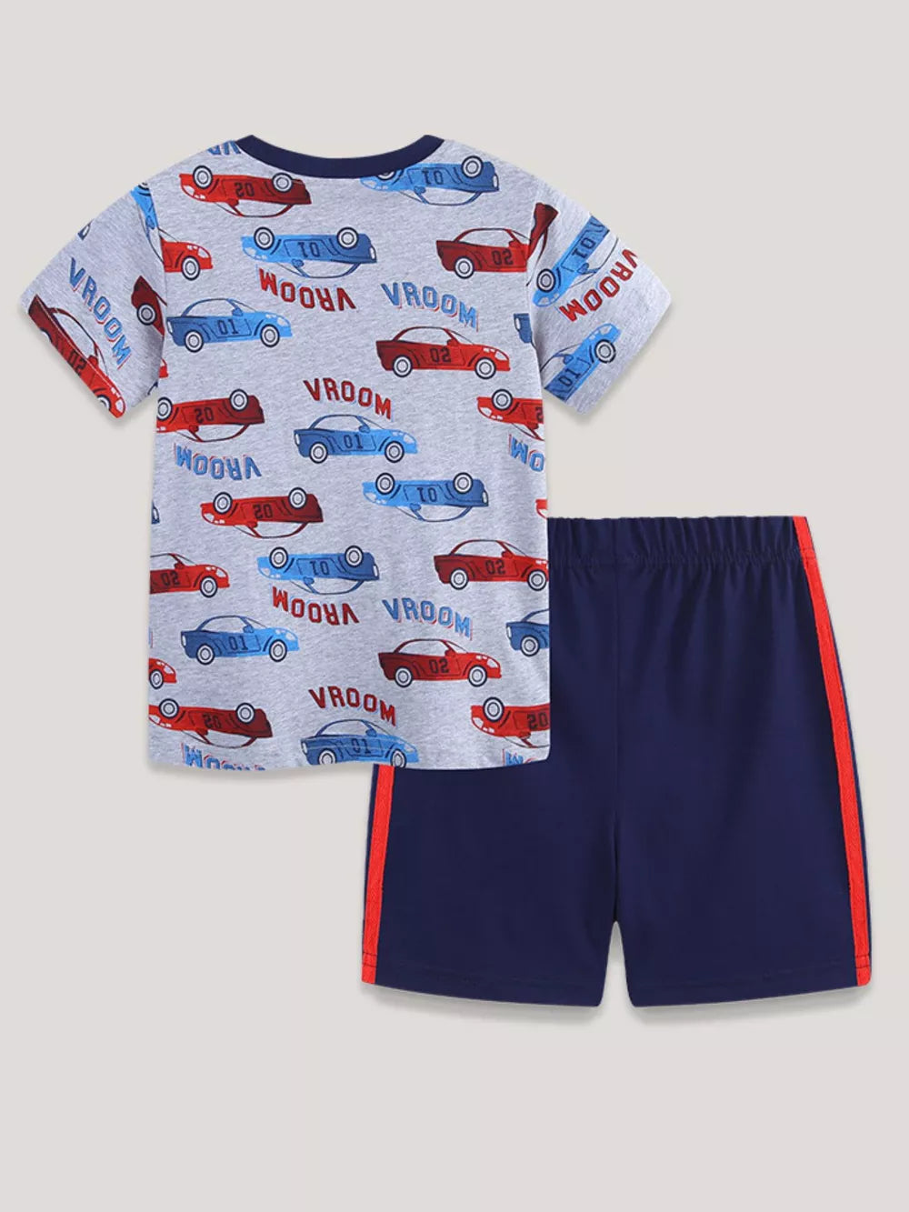 Boys grey short sleeve t-shirt and navy shorts set with allover car print and red side stripes