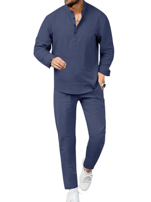 Men's navy blue linen blend henley shirt and pants set, long sleeve, band collar, button placket.