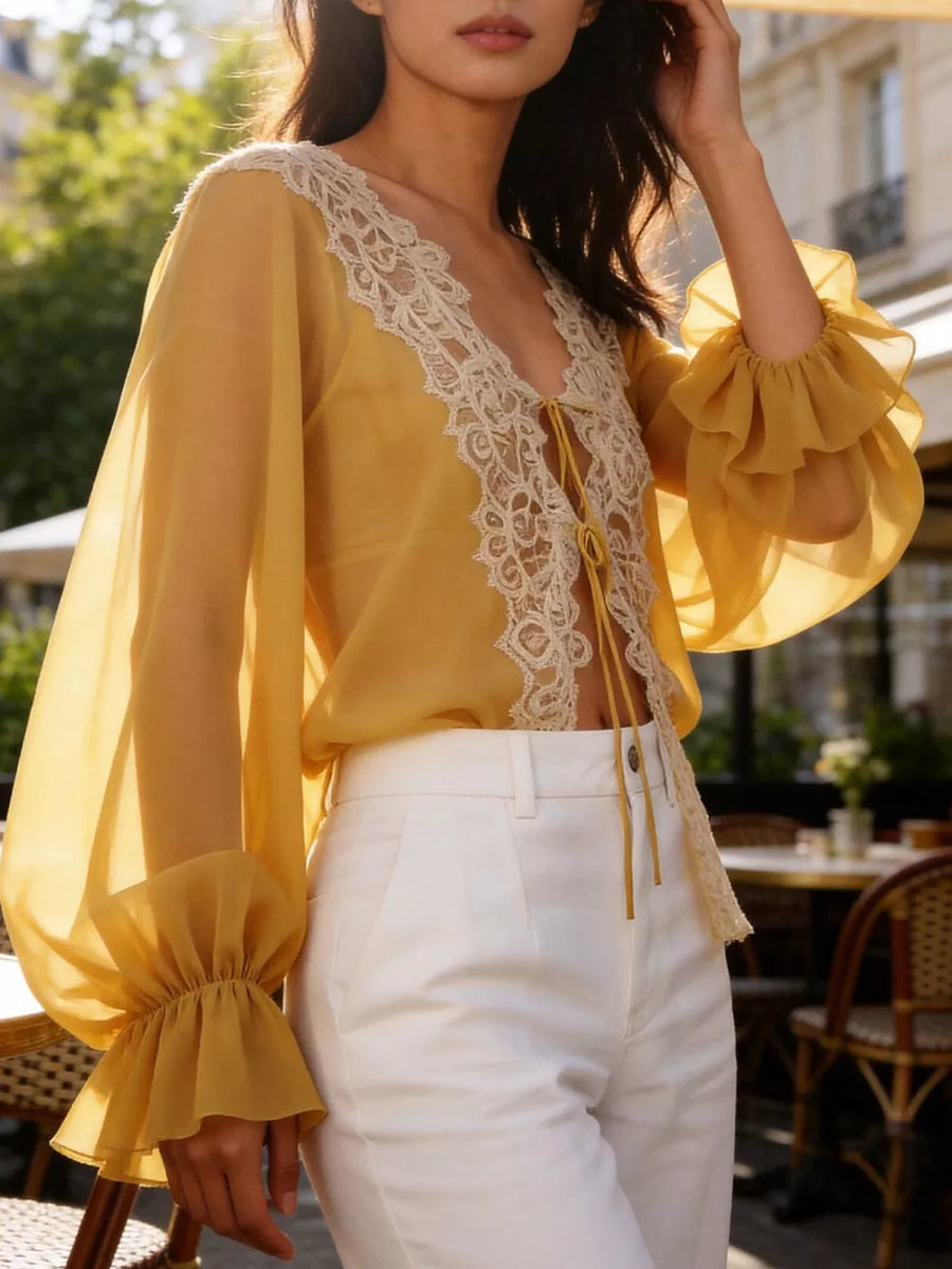 Black Sheer Lace-trimmed Front Tie Blouse