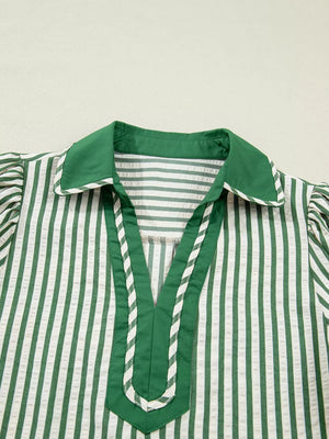 Collared split neck blouse with green and white stripes, bubble sleeves, and contrast trim.
