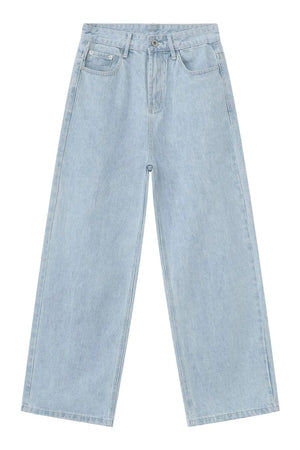 Baggy light blue denim palazzo jeans with button fly and wide legs.