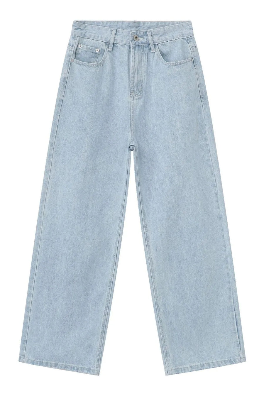 Baggy light blue denim palazzo jeans with button fly and wide legs.