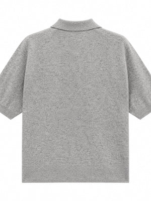 Wool Short-Sleeve Knitted Polo Shirt in Gray with ribbed hem