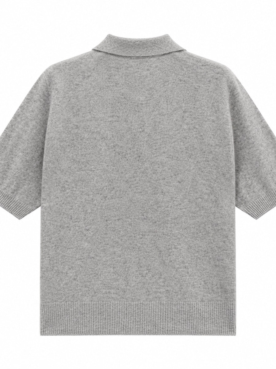Wool Short-Sleeve Knitted Polo Shirt in Gray with ribbed hem