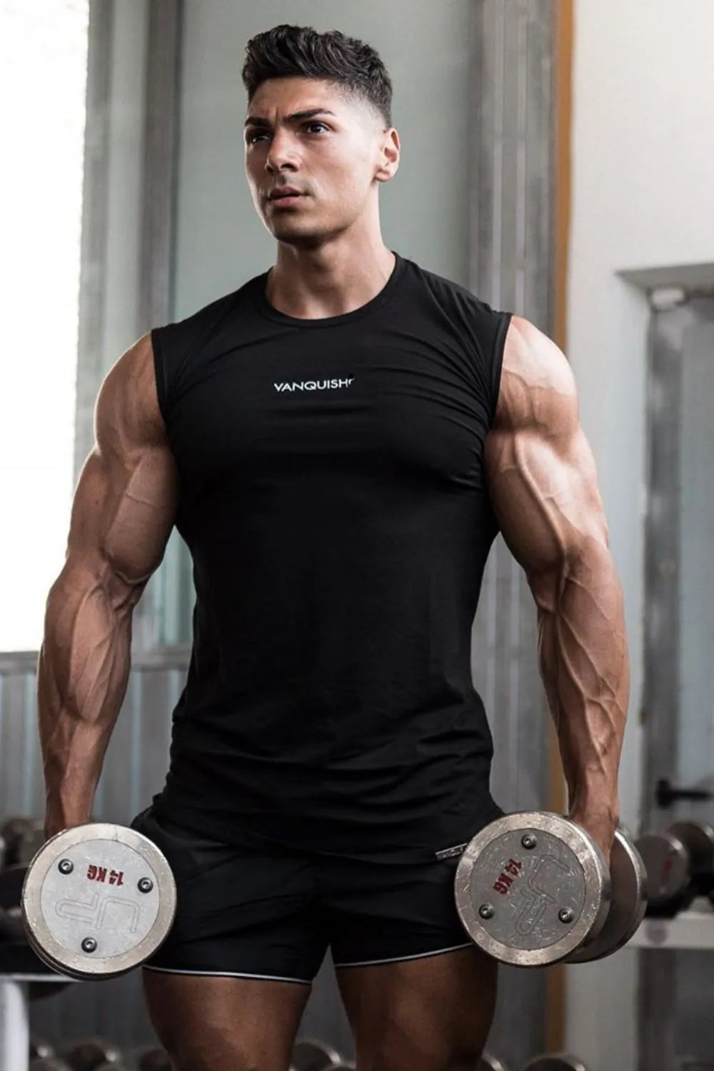 Black performance tank top with logo detail, crew neck, sleeveless, athletic fit