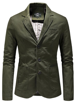 Army green cotton casual blazer with button front and flap pockets.