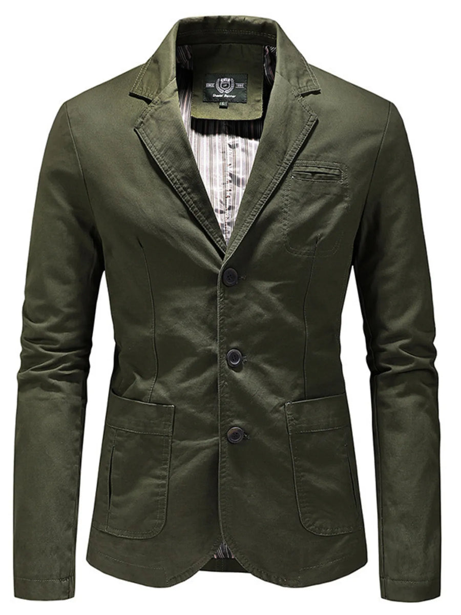Army green cotton casual blazer with button front and flap pockets.
