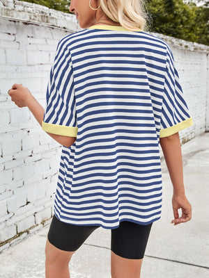 Striped Breton tee in Royal Blue with yellow trim and short sleeves.