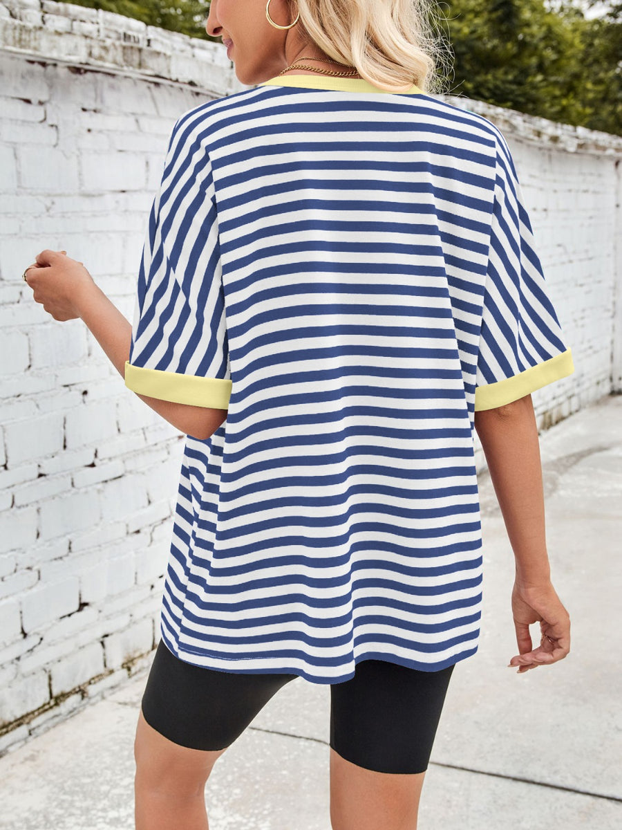 Striped Breton tee in Royal Blue with yellow trim and short sleeves.