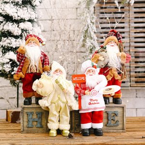 Festive Tartan Santa figurines in red, camel, and white, holding gifts and treats.