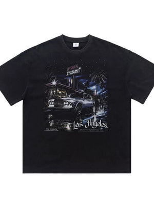 Black cotton t-shirt with vintage Los Angeles graphic featuring a classic car and palm trees at night.