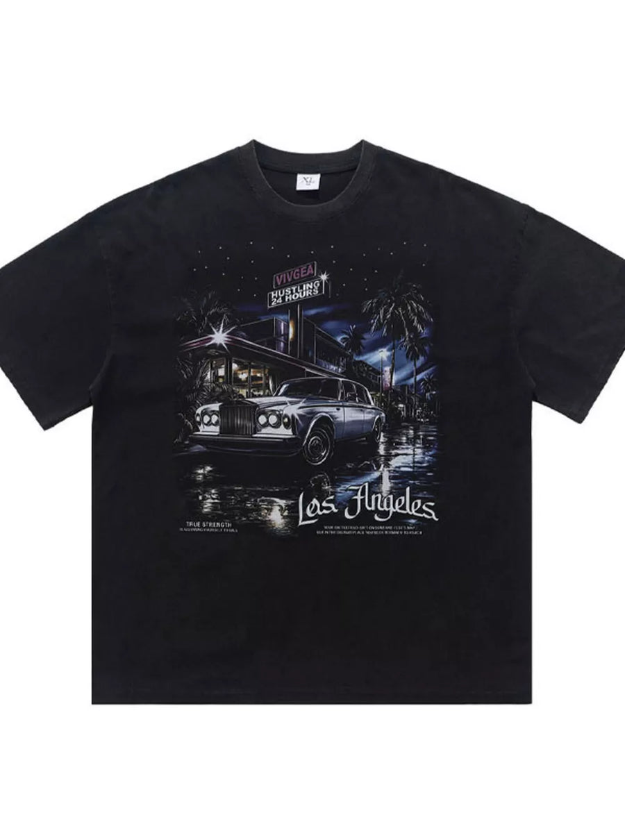 Black cotton t-shirt with vintage Los Angeles graphic featuring a classic car and palm trees at night.