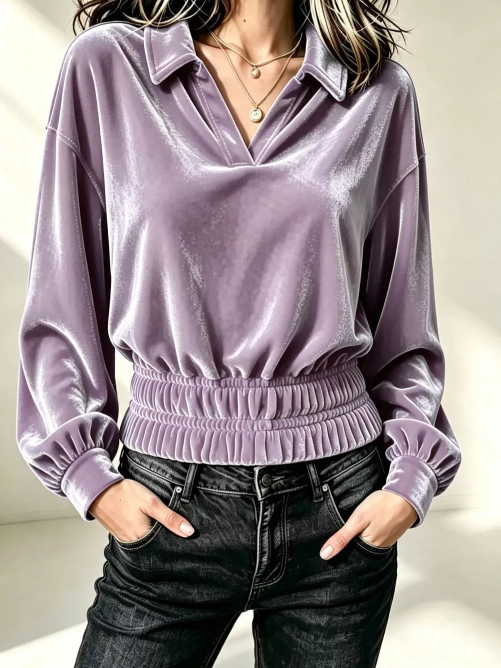White blouse with smocked waist and long sleeve