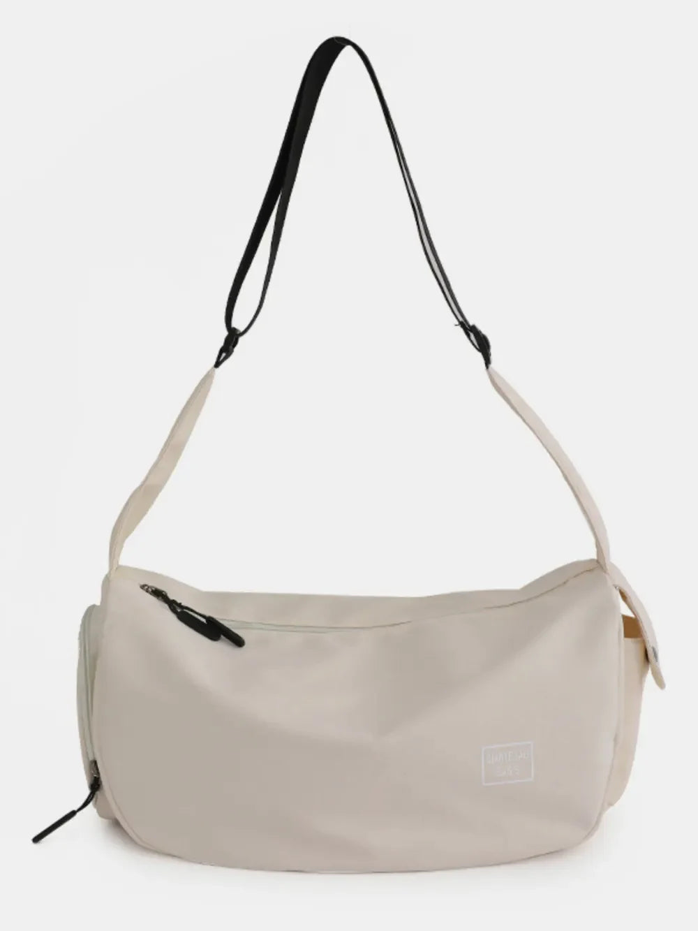 Slouchy beige crossbody bag with adjustable strap and zipper pocket