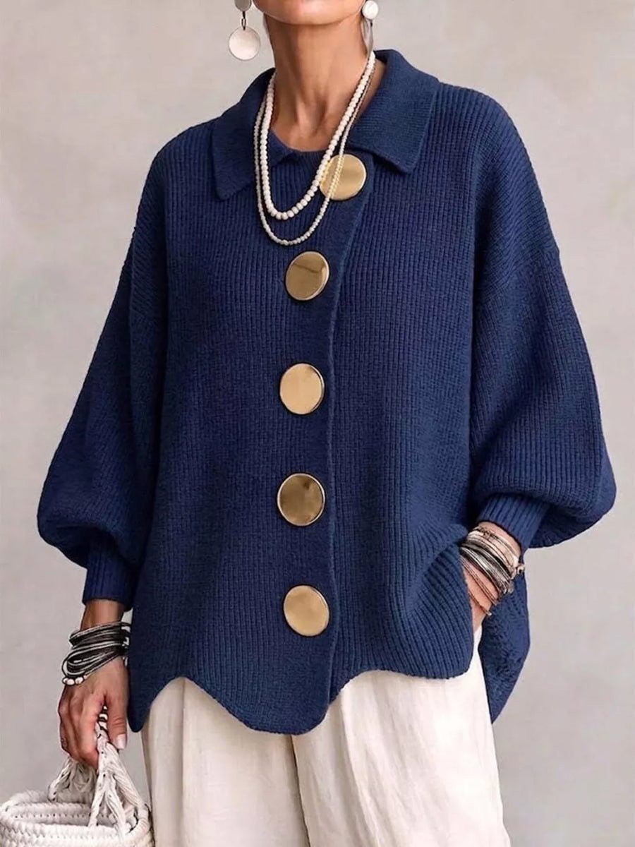 Khaki cardigan with decorative button and lantern sleeve