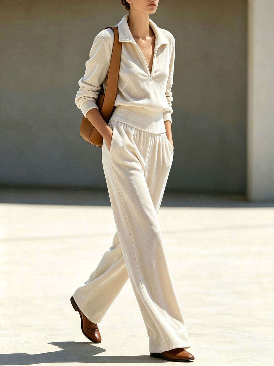 100% polyester Care instructions: Machine wash cold sweatshirt and wide-leg pants set in Apricot with relaxed silhouette